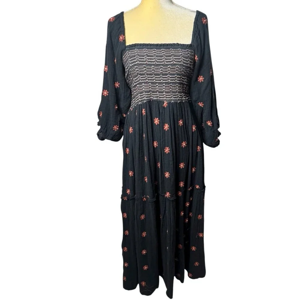Free People‎ Dahlia Embroidered Maxi Dress Puff Sleeve Cottagecore Milk Maid M - Picture 3 of 13